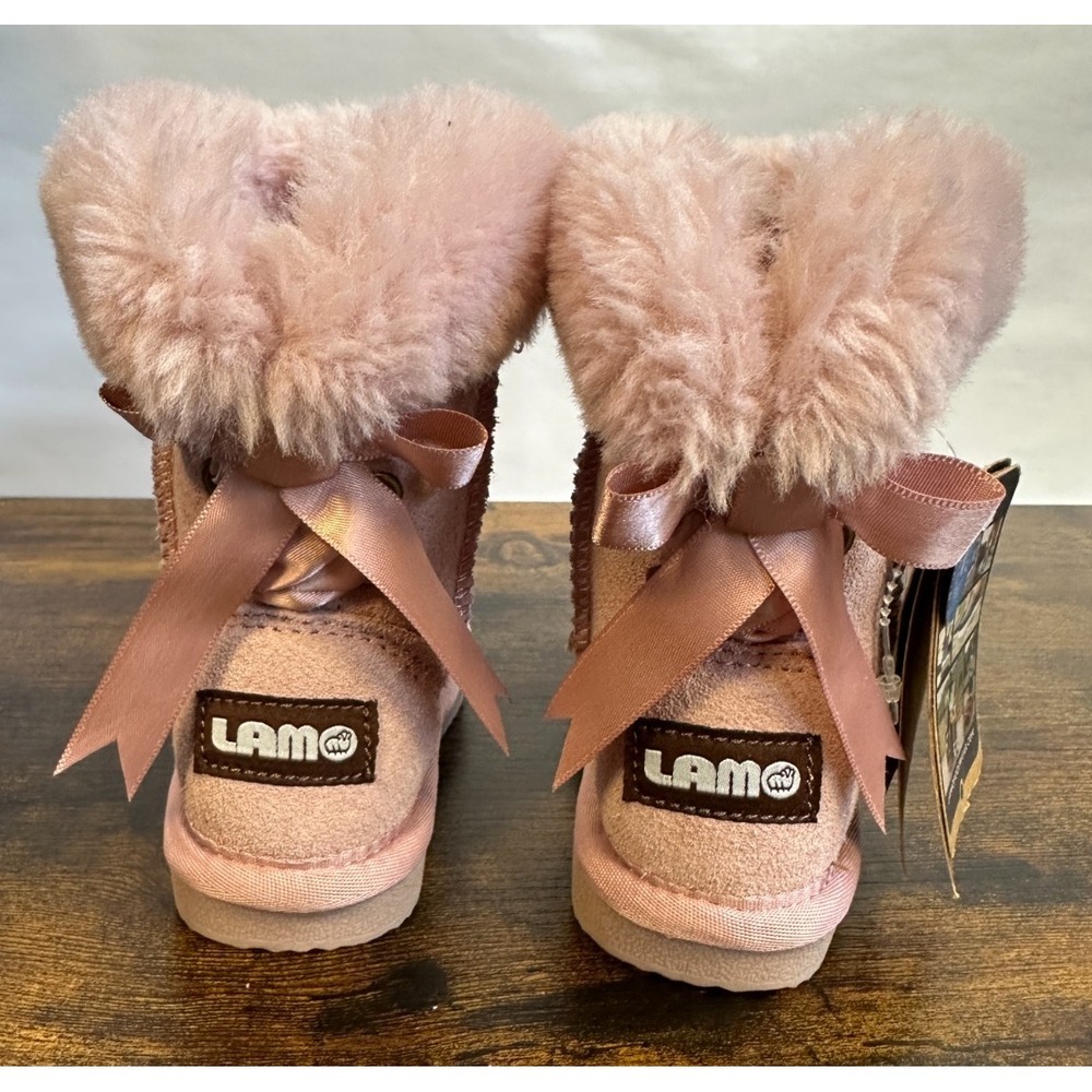 Lamo Youth Rose Pink Suede Faux Fur Bow Winter Boots Splash Secure Size 6C NEW - Picture 7 of 10